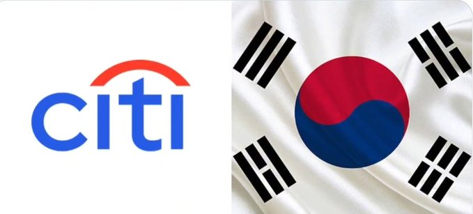 Split image showing the blue and red Citi (Citibank) logo on the left and the South Korean flag (Taegukgi) on the right.