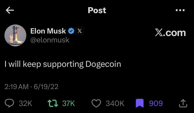 A screenshot of a post by Elon Musk (@elonmusk) on X.com at 2:19 AM on 6/19/22 stating "I will keep supporting Dogecoin," with 32K replies, 37K reposts, and 340K likes.