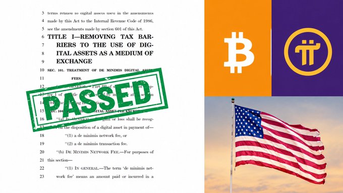 A legislative document titled 'TITLE I—REMOVING TAX BARRIERS TO THE USE OF DIGITAL ASSETS AS A MEDIUM OF EXCHANGE' is stamped with a green 'PASSED' seal, alongside logos for Bitcoin and Pi cryptocurrency next to an American flag.
