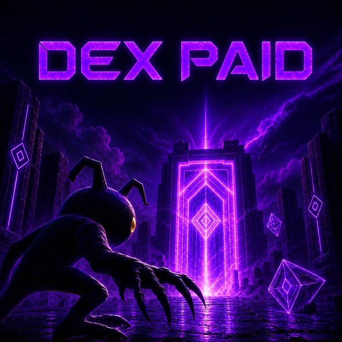 A purple-themed digital artwork featuring the text "DEX PAID" above a glowing portal in a futuristic cityscape, with an ant-like creature approaching from the foreground.