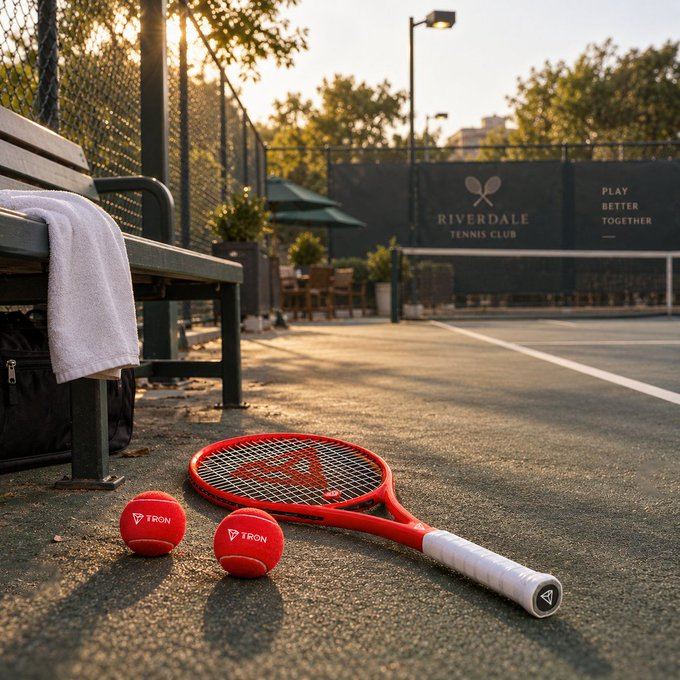 A red TRON tennis racket and two red TRON tennis balls rest on a tennis court next to a bench with a white towel, with a 'Riverdale Tennis Club' sign visible.
