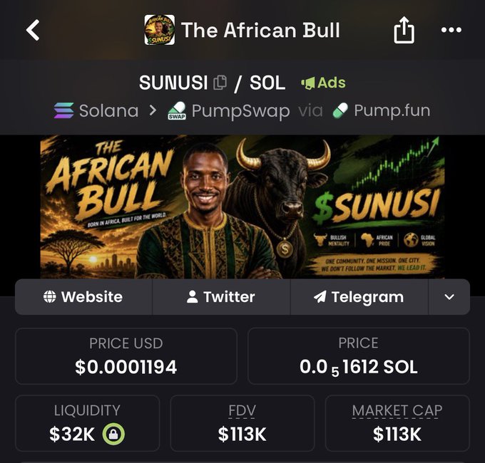 The image displays information about the cryptocurrency $SUNUSI, showing its price at $0.0001194 USD and 0.051612 SOL, with a market cap of $113K, reflecting the post's commitment to the project despite challenges.