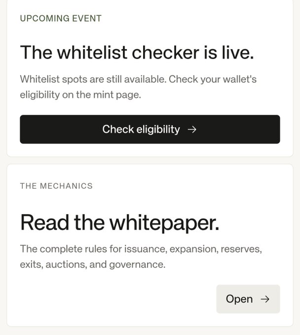 A webpage interface displaying an "UPCOMING EVENT" announcing "The whitelist checker is live." with a "Check eligibility" button, followed by a "THE MECHANICS" section titled "Read the whitepaper." with an "Open" button.