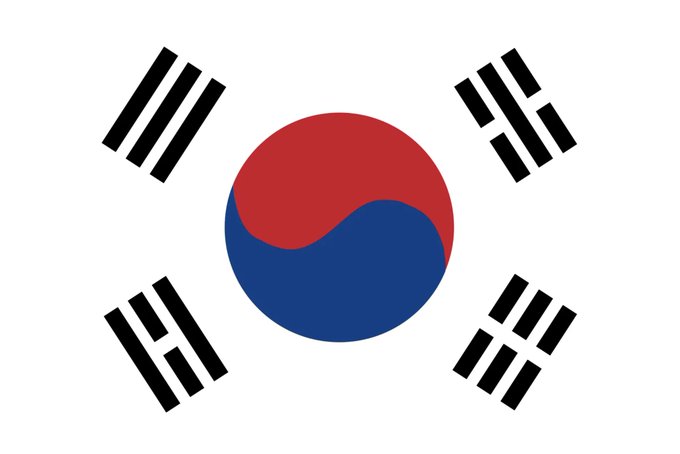 The national flag of South Korea, featuring a red and blue taegeuk symbol in the center surrounded by four black trigrams on a white background.