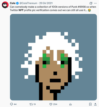 A pixel-art portrait of a CryptoPunk #9998 with white hair and green sunglasses is displayed, accompanied by a tweet from @ColeTherum stating that "someone can make a collection of 100k versions of Punk #9998" once Twitter NFT profile pic verification becomes available.