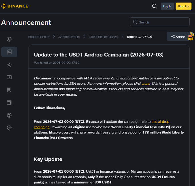 Binance announcement titled 'Update to the USD1 Airdrop Campaign (2026-07-03),' noting that from July 3, 2026, eligible users holding World Liberty Financial USD (USD1) will share rewards from a 178 million WLFI token prize pool, with a 1.2x bonus for USD1 in Binance Futures/Margin accounts maintaining 300 USD1 Daily Open Interest.