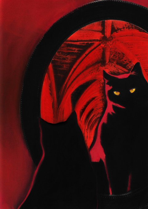 A stylized illustration of a black cat with glowing yellow eyes reflected in a round mirror, set against a deep red background.