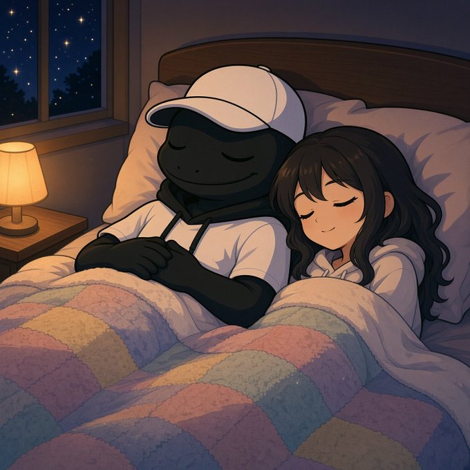 An anime-style illustration shows a dark-skinned character wearing a white cap and a girl with long dark hair sleeping peacefully together in a bed under a colorful patchwork quilt at night.