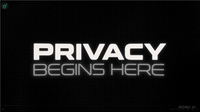 The image features bold white text reading "PRIVACY BEGINS HERE" against a dark, pixelated background, with the Beldex logo (a stylized "B") in the top-left corner and the website "beldex.io" in the bottom-right. It visually reinforces the post's message by serving as a promotional graphic for Beldex's privacy-focused blockchain, emphasizing the brand's core mission of confidentiality in digital transactions and communications.