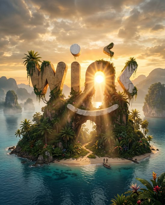A fantasy digital artwork showing the word 'WINGS' formed by rocky islands with lush green vegetation, set in a tropical ocean at sunset with light rays streaming through the letters.