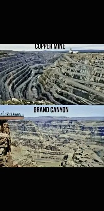 A comparison image contrasts the terraced, man-made excavation of a copper mine in the top half with the natural, layered rock formations of the Grand Canyon in the bottom half.