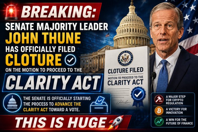 A breaking news graphic announces that Senate Majority Leader John Thune has officially filed cloture on the motion to proceed to the CLARITY Act, featuring his photo alongside the U.S. Capitol and a document reading "Cloture Filed – Motion to Proceed to the CLARITY Act." The image highlights the Senate's advancement of the bill as "HUGE," with side notes calling it a major step for crypto regulation, a victory for innovation, and a win for the future of finance.