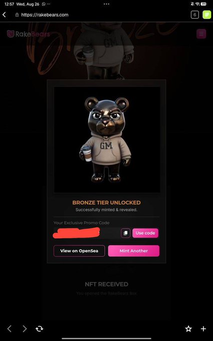 A mobile screenshot of the RakeBears website shows a revealed Bronze Tier bear NFT, with the message “BRONZE TIER UNLOCKED” and “Successfully minted & revealed,” plus a promo code, “View on OpenSea,” and “Mint Another” buttons. It captures the post’s successful mystery lootbox mint and reveal, noting RakeBears is a 1,000-NFT ERC-721 collection with Bronze as the most common tier.