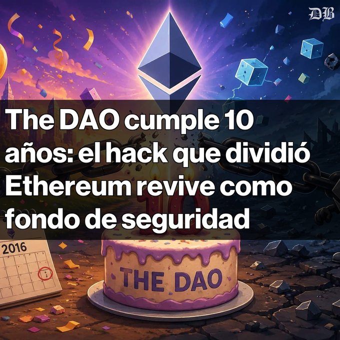 The image features a cake with "The Dao" written on it, surrounded by various objects such as blocks, cubes, and a calendar. The caption reads, "El DAO cumple 10 años: el hack que dividió Ethereum vuelve como fondo de seguridad En 2016, un ataque drenó 3,6 millones deETH, impulsando un hard fork. Hoy, más de 75,000 ETH no reclamados financiarán la seguridad en Ethereum". The post is about a cryptocurrency called "The DAO" and its history in the world of cryptocurrency.