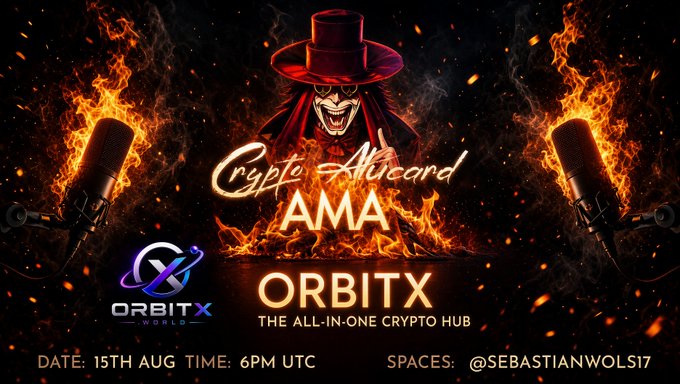 A fiery promotional graphic for a "Crypto Atticard AMA" event featuring a menacing clown-like figure in a red hat flanked by flaming microphones, advertising a session with ORBITX ("The All-In-One Crypto Hub") on 15th August at 6PM UTC via X Spaces hosted by @SEBASTIANWOLS17—matching the post's reminder about today's $ORBITX team AMA.