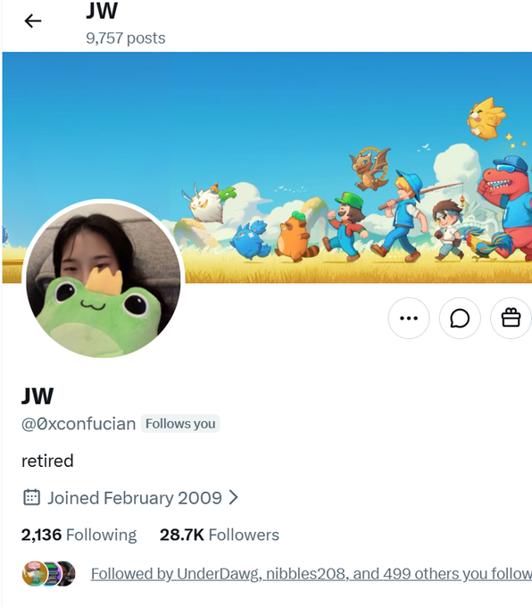 A social media profile for 'JW' (@0xconfucian) with bio 'retired', showing a header image with cartoon characters.