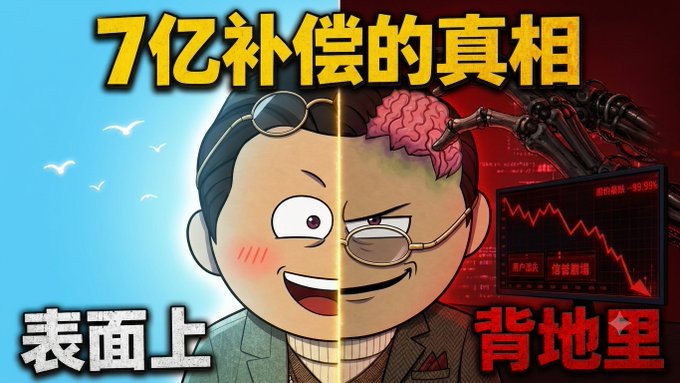 The image is a split-screen YouTube thumbnail titled "7亿补偿的真相" (The Truth Behind 700 Million Compensation), contrasting a cheerful, innocent-looking cartoon man on the left ("表面上" — on the surface) with a sinister, brain-exposed robotic version on the right ("背地里" — behind the scenes), alongside a red stock crash chart. It teases an upcoming video revealing how exchanges profit, with a post announcing a 10 AM Beijing time release on YouTube.
