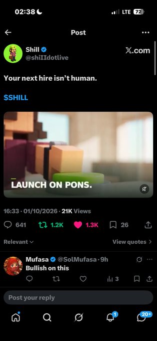 A screenshot of X/Twitter showing a post by 'Shill (@shIIIdotlive)' promoting '$SHILL' on PONS, with a reply from '@SolMufasa' saying 'Bullish on this'.