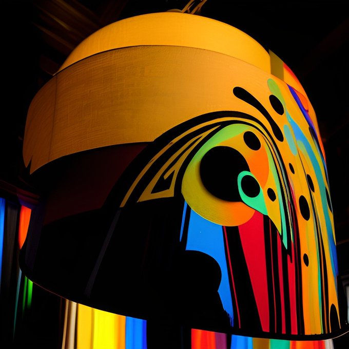 A close-up view of a fabric lampshade printed with a colorful, abstract illustration featuring large black eyes and vibrant shapes in yellow, green, red, and blue.