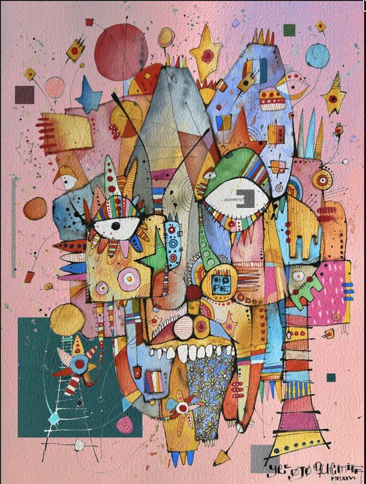 A colorful, abstract mixed-media painting on a pink background features stylized figures, geometric shapes, stars, and multiple eyes rendered in a whimsical, folk-art style, signed 'ge Je...Henry' in the corner.