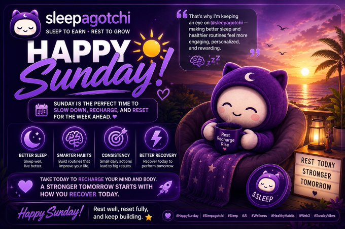 A purple-themed promotional graphic for "sleepagotchi" displays "HAPPY Sunday!" with a cute cat character in a hood holding a mug that says "Rest Recharge Rise," alongside icons representing better sleep, smarter habits, consistency, and better recovery, plus a sunset beach background.