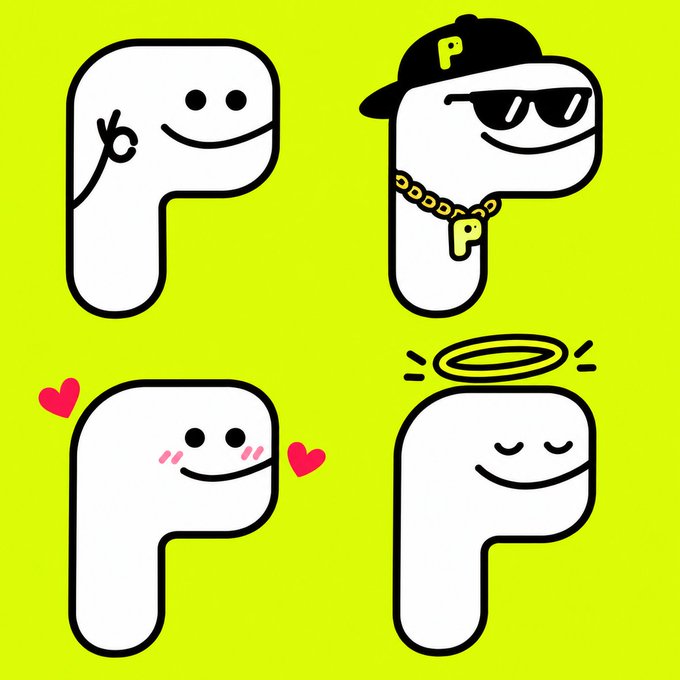 Four playful PONSI-themed “P” character drafts appear on a bright neon-yellow background, including variants with a peace sign, a black cap and sunglasses, a “P” chain, hearts, and a halo. The artwork matches the post’s PONSI concept and includes the wallet address “0x5982f195A5232BDFFc7339EBF4edf59F162efFe9.”