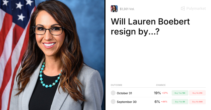 A Polymarket prediction market titled "Will Lauren Boebert resign by...?" showing betting odds for October 31 (19%) and September 30 (6%) with volume of $1,301.
