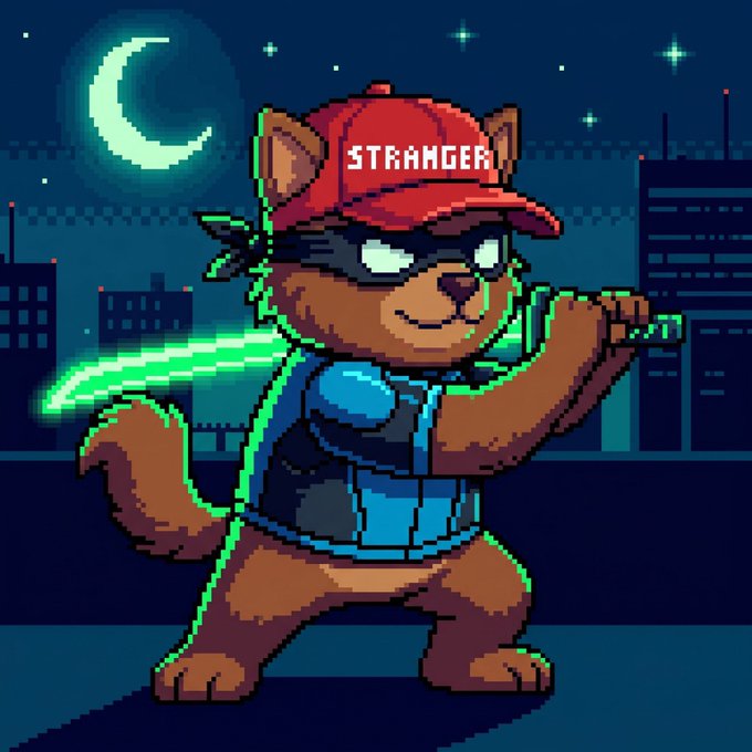 The image features a cartoon cat dressed as a superhero with the word "Stranger" written across its face wearing a red hat and holding a sword with green light beams coming out of it that are illuminating their surroundings. The background shows an urban cityscape, including buildings under a bright blue sky dotted with stars. The main focus on this image is how it relates to the post about the monster that is slowly getting closer or "day 280 of chilling until it hits $0.50".