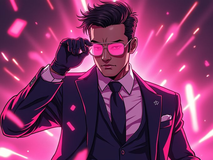 Anime-style illustration of a man in a black suit with pink-tinted sunglasses, set against a vibrant pink background with light streaks and floating particles.