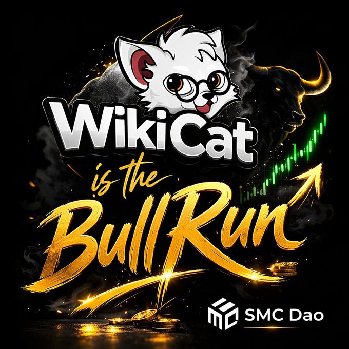 A bold, stylized graphic featuring a cartoon white cat and a shadowy bull behind the text "WikiCat is the BullRun," with gold coins, candlestick charts, and an upward green arrow, alongside the "SMC Dao" logo. The image visually reinforces the post's message that $WKC (WikiCat) is poised for a bullish market surge.