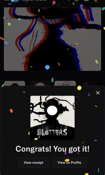 A screenshot of a Spotify receipt confirmation showing 'Congrats! You got it!' for a song or artist named 'BLOTTERS', with a dark silhouette illustration and colorful confetti, along with 'View receipt' and 'View on Profile' buttons.