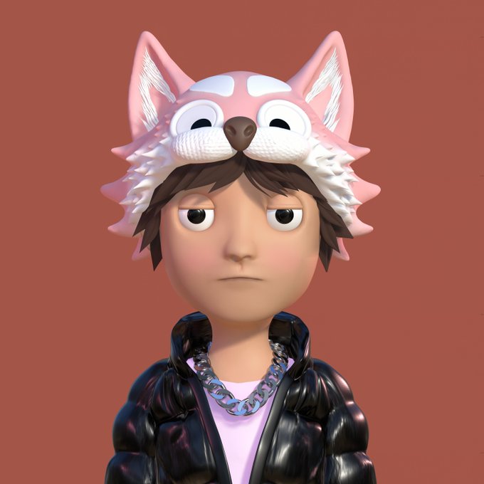 A 3D digital avatar of a young person with dark hair, wearing a black puffy jacket, a white shirt, and a silver chain necklace, topped with a pink and white furry animal hat.