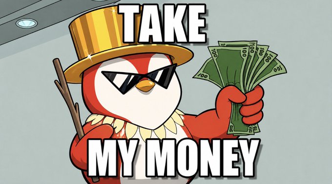 A cartoon penguin wearing a gold top hat and sunglasses holds out a fan of $100 bills with the bold text "TAKE MY MONEY" overlaid. The meme's eager, money-ready pose plays on the post's $25 USDT giveaway, humorously exaggerating the audience's willingness to claim the reward.