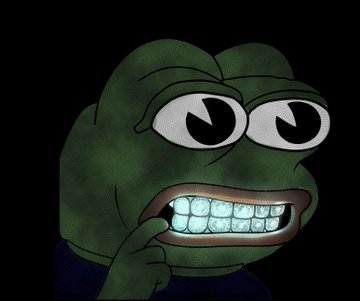 A close-up of a green cartoon frog character grinning widely, showing diamond-like teeth, against a black background.