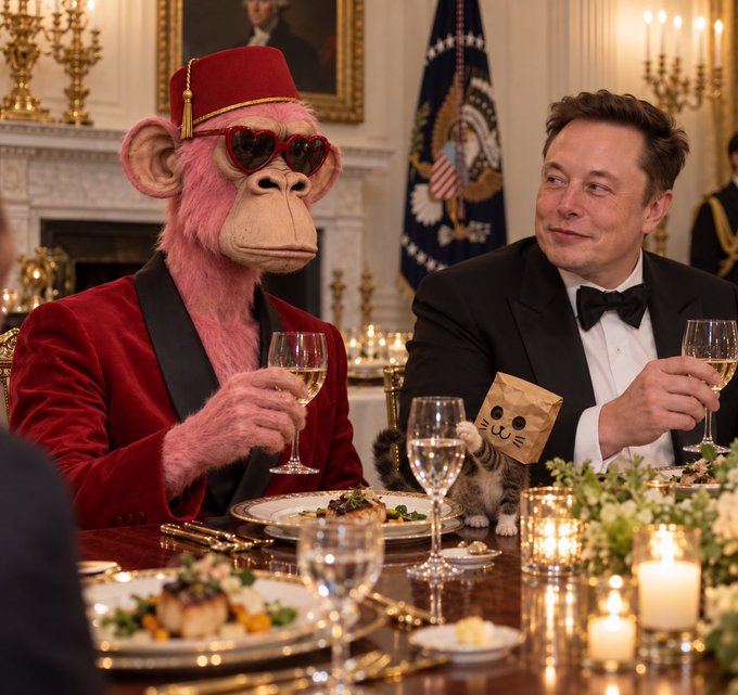 A digitally altered image showing a pink chimpanzee wearing heart-shaped sunglasses, a red fez hat, and a red suit jacket sitting next to Elon Musk at a formal White House dinner.
