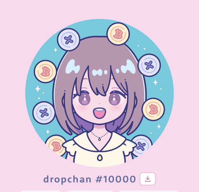 A cute anime-style illustration of a girl with purple hair surrounded by Bitcoin symbols, labeled 'dropchan #10000' with a download icon.