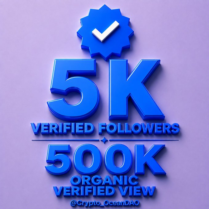 A blue 3D-style graphic on a lavender background celebrates the milestone "5K VERIFIED FOLLOWERS" and "500K ORGANIC VERIFIED VIEW" with a checkmark badge, tagged @Crypto_OceanDAO. The image visually amplifies the post's call to action to help reach those follower and view goals by saying "HEY."