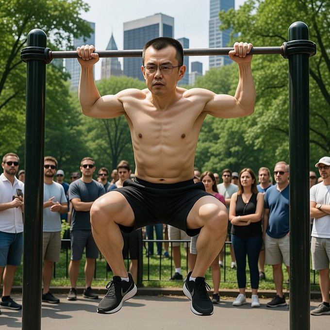 The image shows a man performing an exercise, specifically pullups, at a park with his arms hanging over a bar. There are several other people present in the scene, some of whom appear to be watching him perform the exercise. The photo is captioned "keep on moving! #BNB".