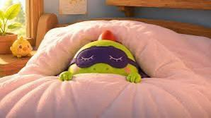 A 3D-rendered cute green frog character wearing a purple sleep mask peeks out from under a pink blanket in a cozy bedroom setting with a small yellow chick figurine on the nightstand.
