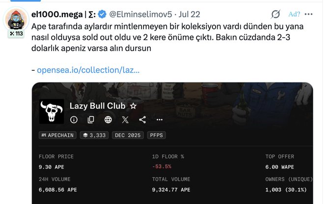 A screenshot of a tweet by @Elminselimov5 sharing a OpenSea listing for the "Lazy Bull Club" NFT collection, showing a floor price of 9.30 APE and total volume of 9,324.77 APE, accompanying the post's discussion about NFTs securing a Phase-1 whitelist spot.