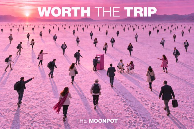 An artistic, surreal poster showing many people walking across a pink salt flat at sunset toward a red telephone booth, with text reading 'WORTH THE TRIP' and 'THE MOONPOT'.