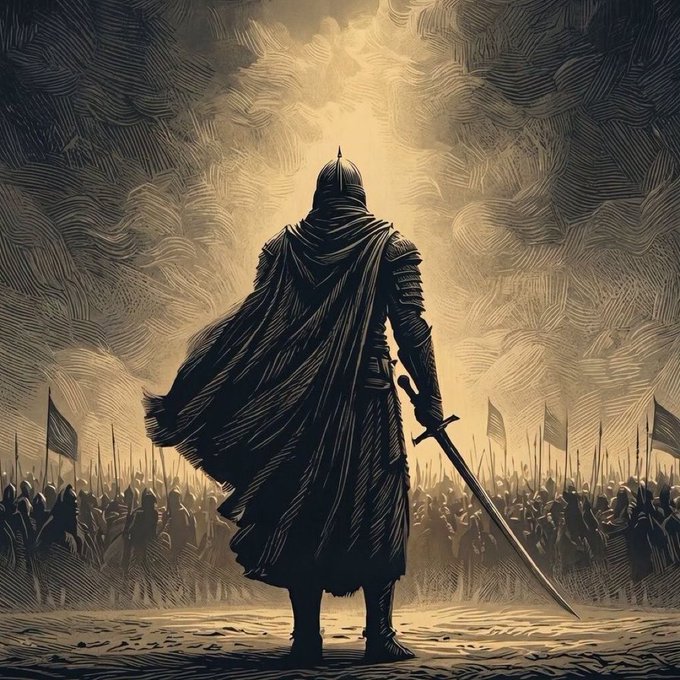 A lone, armored warrior stands with sword drawn before a vast army under a dramatic sky, symbolizing a singular, quietly powerful force poised to lead. The image mirrors the post's message about understated, elite teams—like @openservai—building foundational solutions while the market chases louder, more obvious contenders.