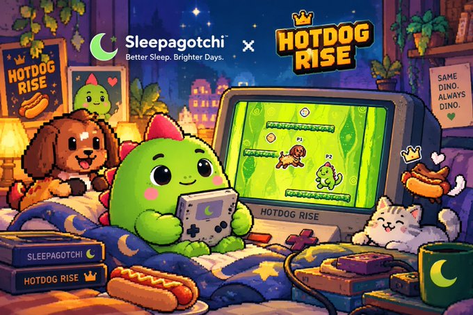 Promotional artwork for a Sleepagotchi x Hotdog Rise collaboration, featuring a green dinosaur character holding a Game Boy-style console, with a dog, and other characters in a cozy bedroom setting with 'SAME DINO. ALWAYS DINO.' text.