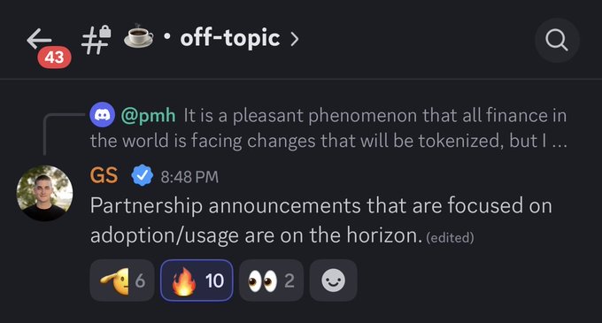 "Off-topic": The conversation was about partnership announcements that are focused on adoption/usage, which indicates a new development or topic being discussed.
