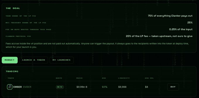 A webpage explaining "THE DEAL" for token deployment, noting that "75% of everything Clanker pays out" goes to the creator and "0.25% of the input" is collected as fees, with a trading section showing the "EMBER" token priced at $9.99e-6.