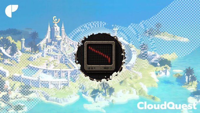 A promotional graphic for "CloudQuest" featuring an old CRT television displaying a red zigzag line, set against a pixelated tropical island landscape.