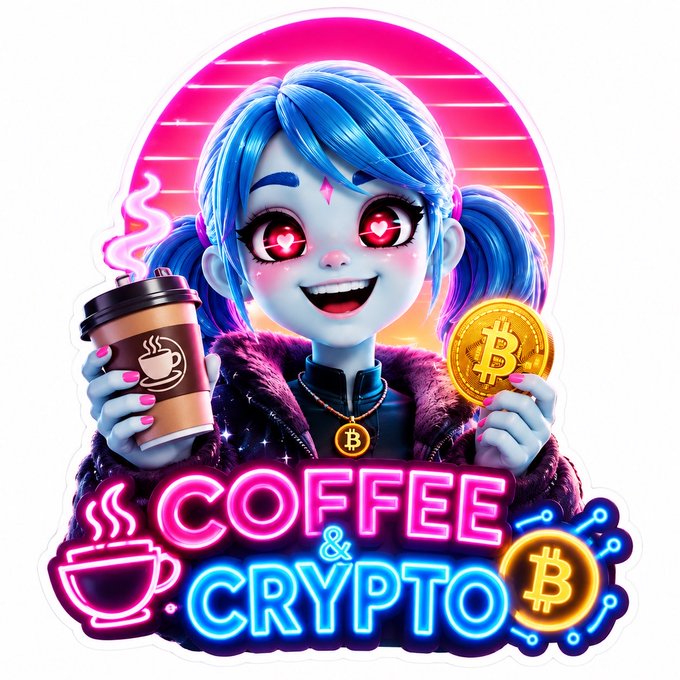 A vibrant neon-style illustration of a blue-haired anime-style character with heart eyes, holding a coffee cup and a Bitcoin coin, with the text 'COFFEE & CRYPTO' displayed below.