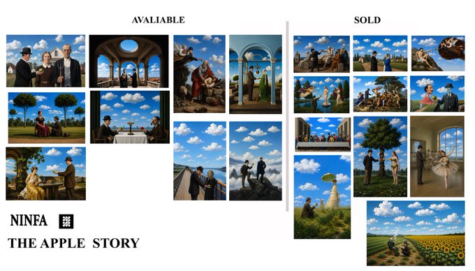 A promotional image titled 'NINFA THE APPLE STORY' showcasing surreal Magritte-style artwork divided into 'AVAILABLE' and 'SOLD' sections, featuring recurring motifs of figures under cloudy skies, apples, bowler hats, and suits.