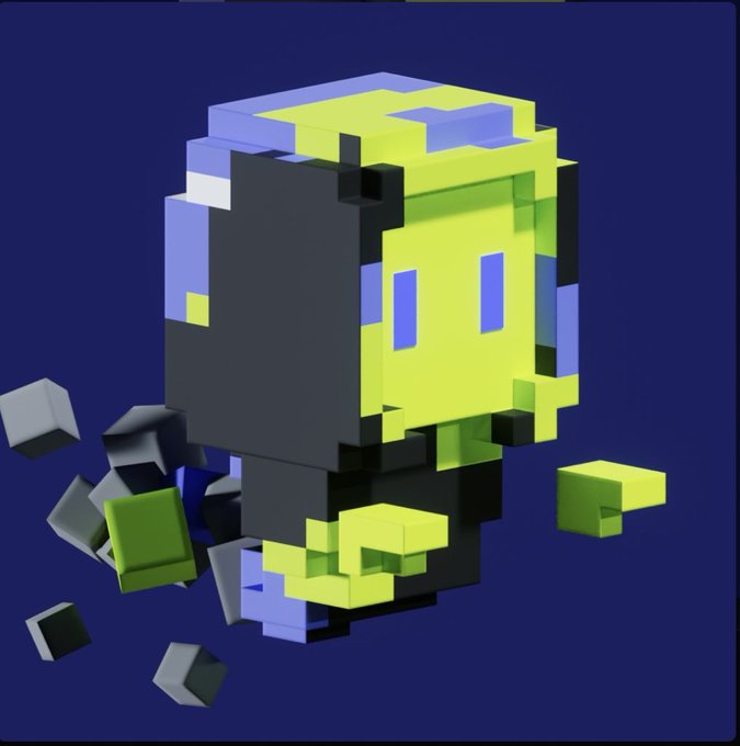 A 3D voxel-style skull made of yellow, green, and black cubes floats against a dark blue background with smaller cubes breaking off.
