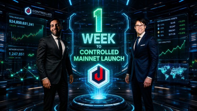 The image features two men in suits standing next to each other in front of a computer screen displaying information about the mainnet launch that took place six days ago. The poster also has an image of a red dollar sign with the number 1 below it, symbolizing the successful launch and monetary gain from the controlled pilot testing phase. The text on the poster indicates that they have been lending money to those in need of liquidation via the legal virtual asset vault service.
